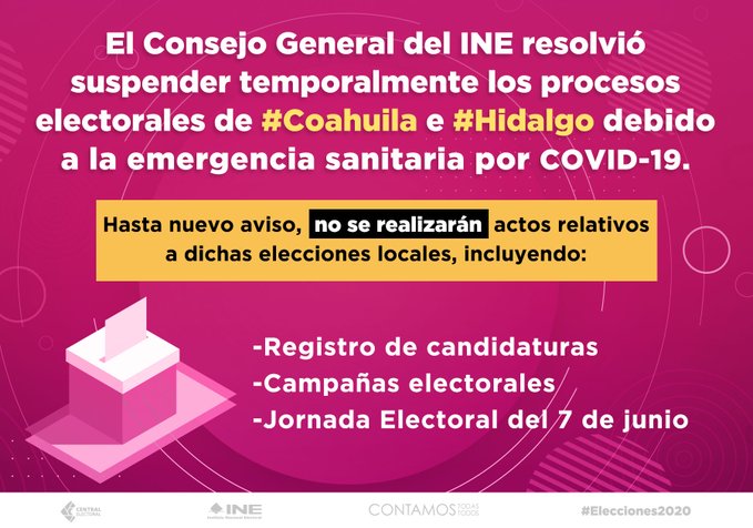 Se suspenden las elecciones en Coahuila e Hidalgo por emergencia sanitaria COVID-19
